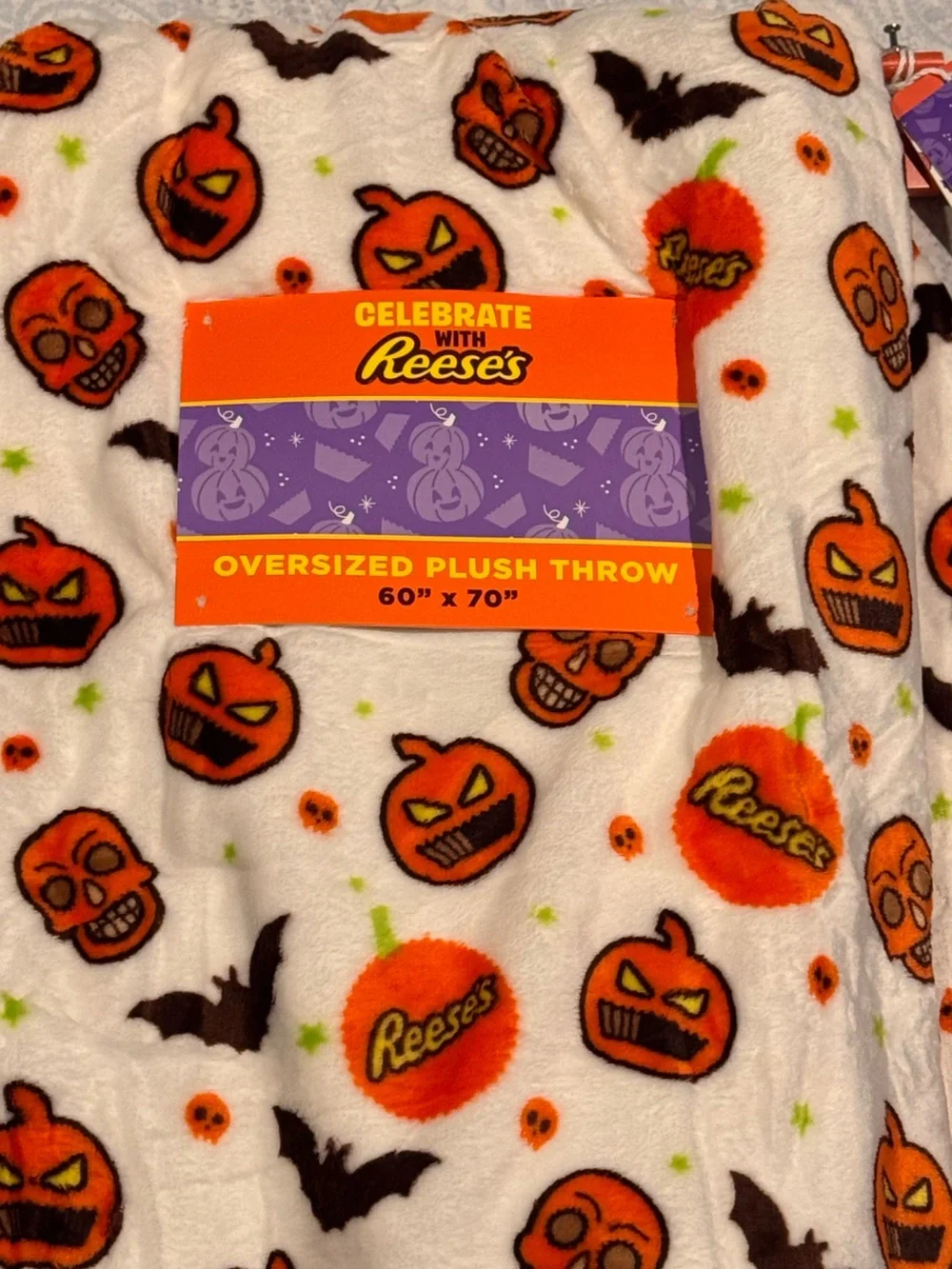 Reeses PB Pumpkins, Skulls & Bats Halloween Plush Oversized 60x70 Throw Blanket